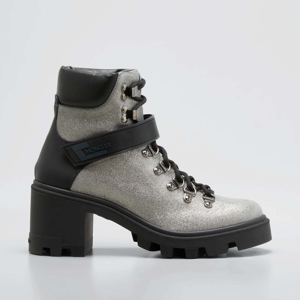 Moncler Carol Shimmery Heeled Hiking Boots. Size 38